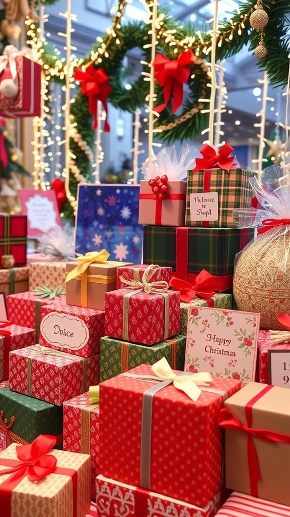 A collection of Christmas gifts including wrapped boxes, personalized items, and holiday decorations.